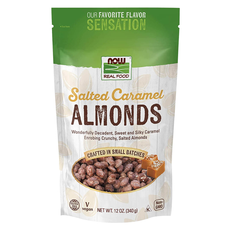 CLEARANCE! NOW Foods Almonds Salted Caramel 12 oz, BEST BY 10/2024