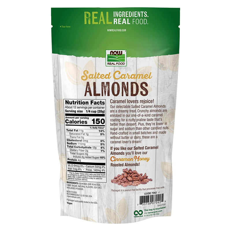 CLEARANCE! NOW Foods Almonds Salted Caramel 12 oz, BEST BY 10/2024