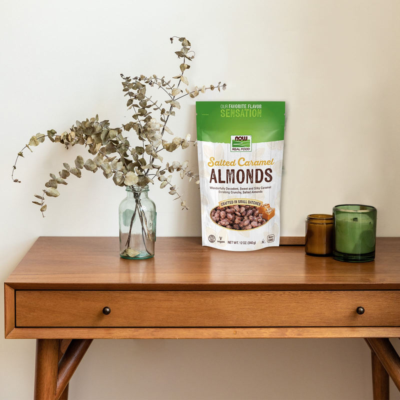 CLEARANCE! NOW Foods Almonds Salted Caramel 12 oz, BEST BY 10/2024