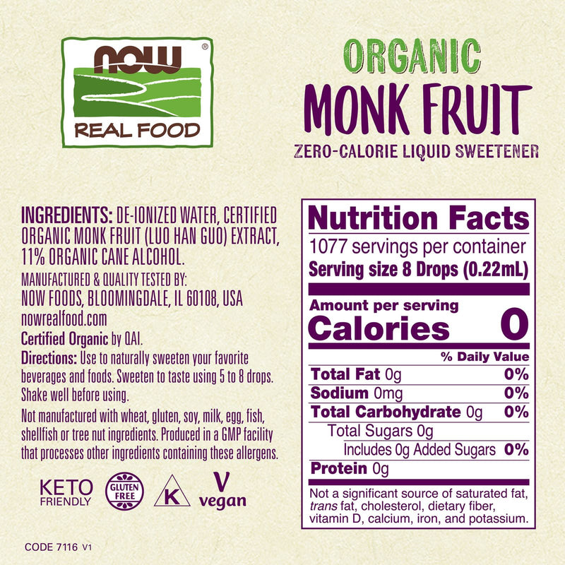 CLEARANCE! NOW Foods Monk Fruit Liquid Organic 8 fl oz, BEST BY 04/2025