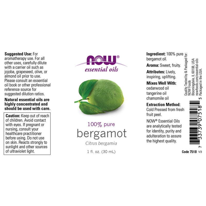 CLEARANCE! NOW Foods Bergamot Oil 1 fl oz, Bottle Stain or Minor Damage - DailyVita