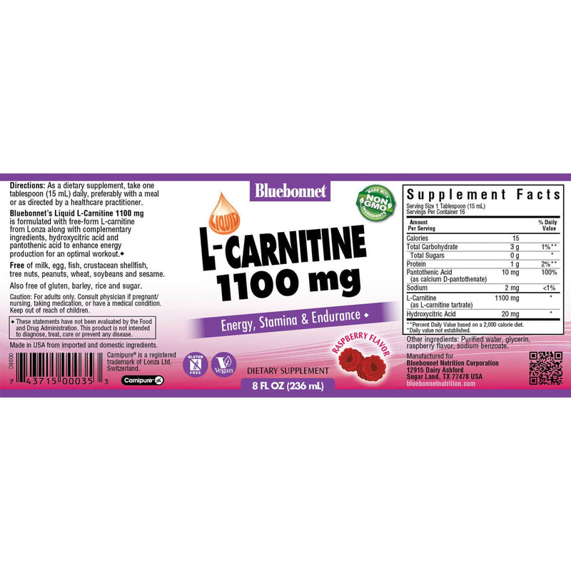 CLEARANCE! Bluebonnet Liquid L-Carnitine 1100 mg Raspberry 8 fl oz, BEST BY 03/2025