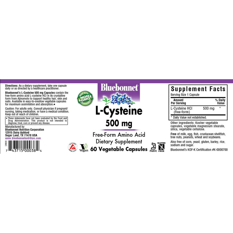 CLEARANCE! Bluebonnet L-Cysteine 500 mg 60 Veg Capsules, BEST BY 04/2025