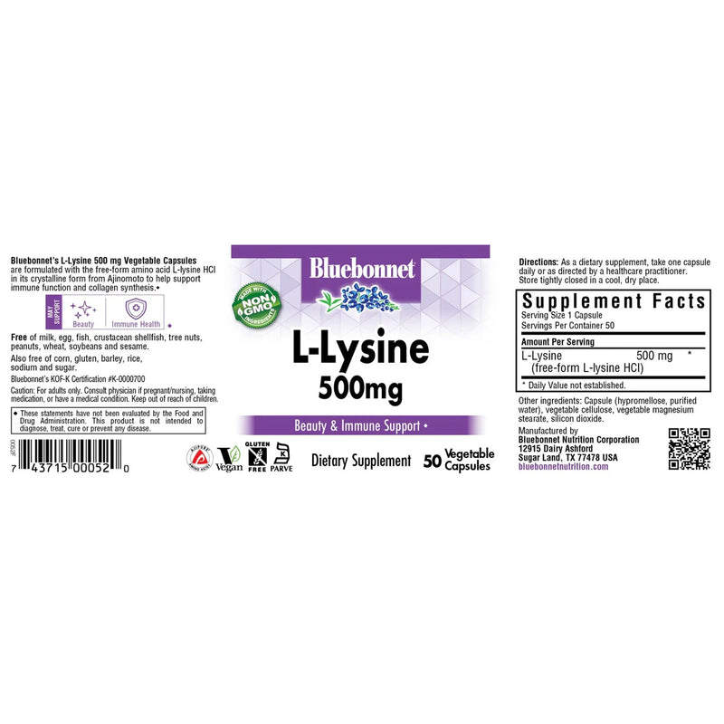 CLEARANCE! Bluebonnet L-Lysine 500 mg 50 Veg Capsules, BEST BY 01/2025