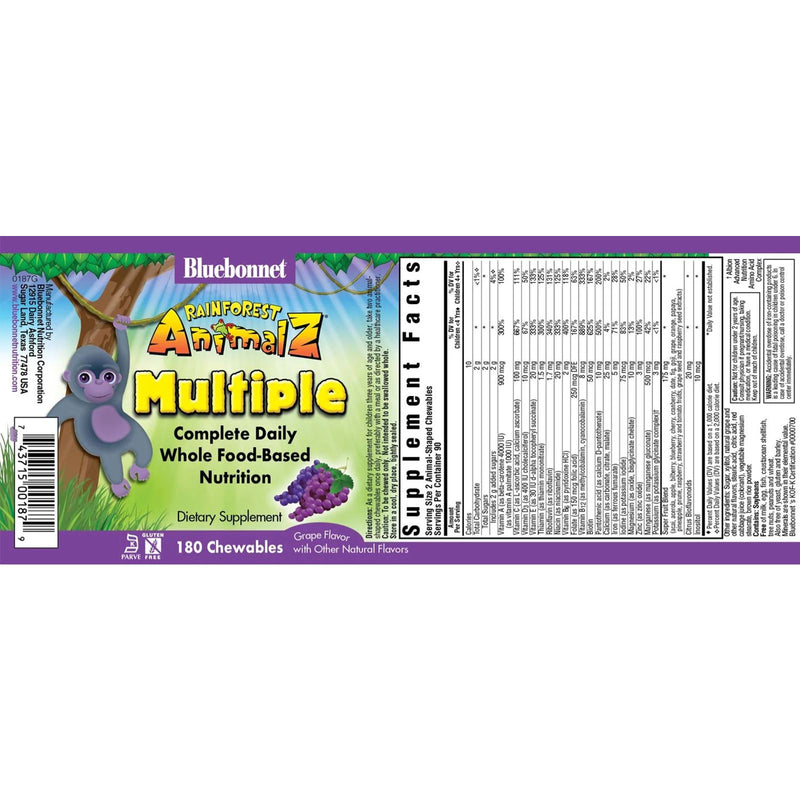 Bluebonnet Rainforest Animalz Whole Food Based Multiple Grape 180 Chewable Tablets