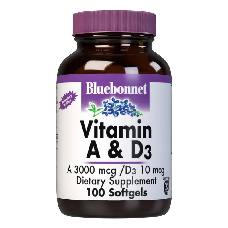 CLEARANCE! Bluebonnet Vitamin A & D3 3000 mcg (10000 IU)/10 mcg (400 IU) 100 Softgels, BEST BY 12/2024