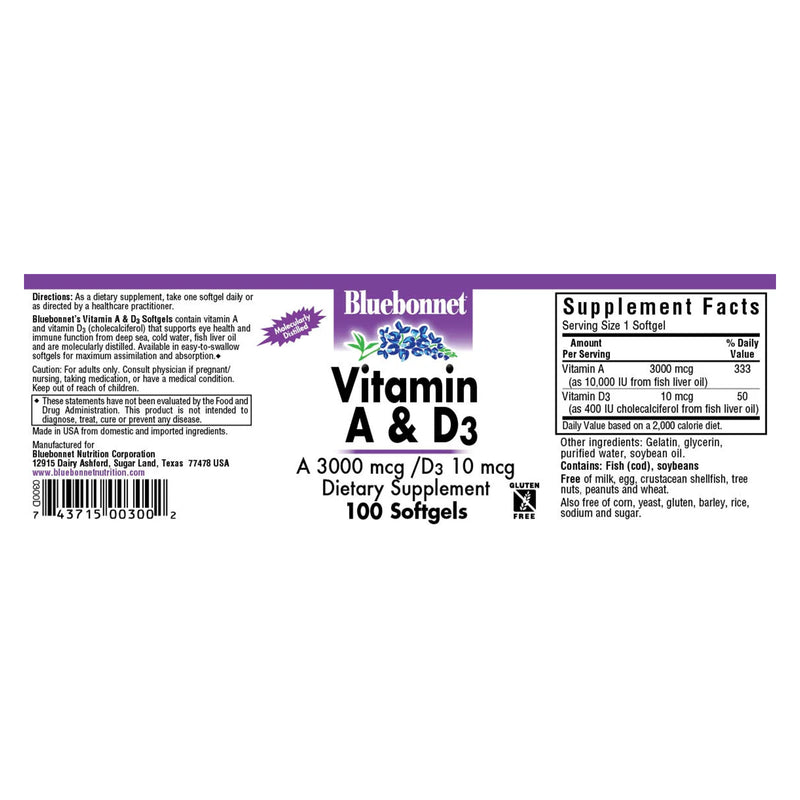 CLEARANCE! Bluebonnet Vitamin A & D3 3000 mcg (10000 IU)/10 mcg (400 IU) 100 Softgels, BEST BY 12/2024