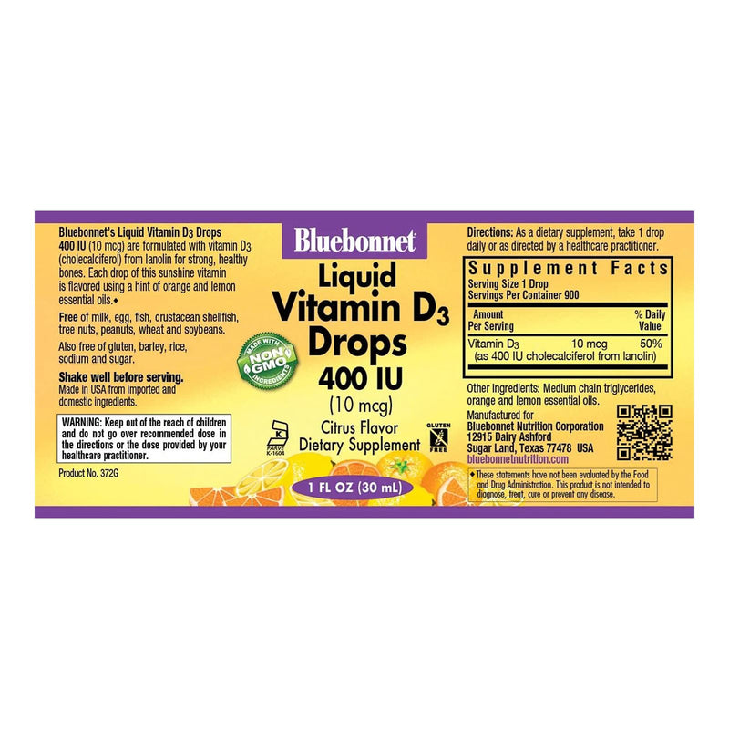 CLEARANCE! Bluebonnet Liquid Vitamin D3 Drops 10 mcg (400 IU) Citrus 1 fl oz, BEST BY 02/2024 - DailyVita