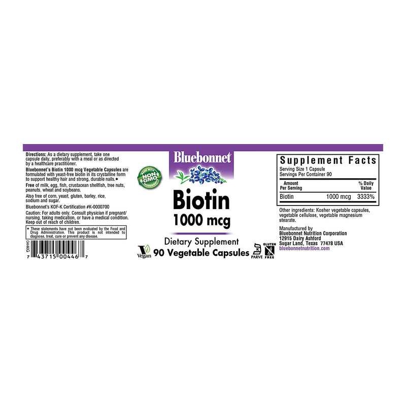 CLEARANCE! Bluebonnet Biotin 1000 mcg 90 Veg Capsules, BEST BY 11/2024