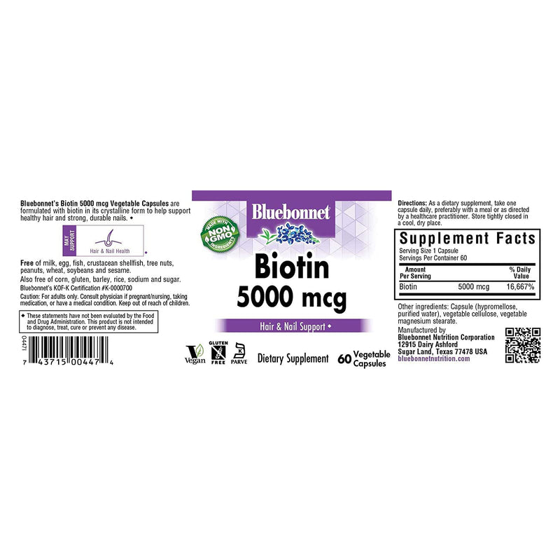 CLEARANCE! Bluebonnet Biotin 5000 mcg 60 Veg Capsules, BEST BY 06/2024 - DailyVita