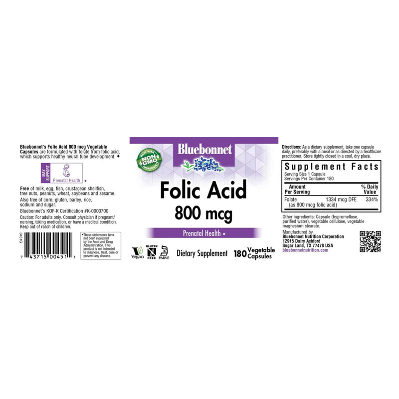 CLEARANCE! Bluebonnet Folic Acid 800 mcg 180 Veg Capsules, BEST BY 12/2024