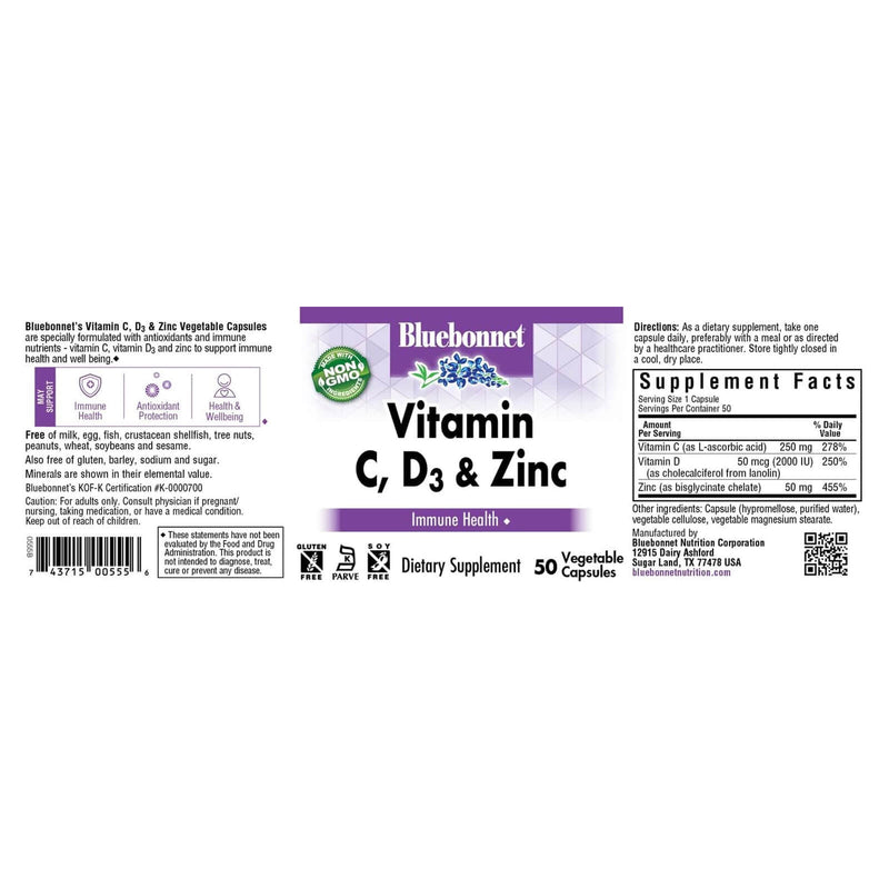 Bluebonnet Vitamin C, D3 & Zinc 50 Vegetable Capsules