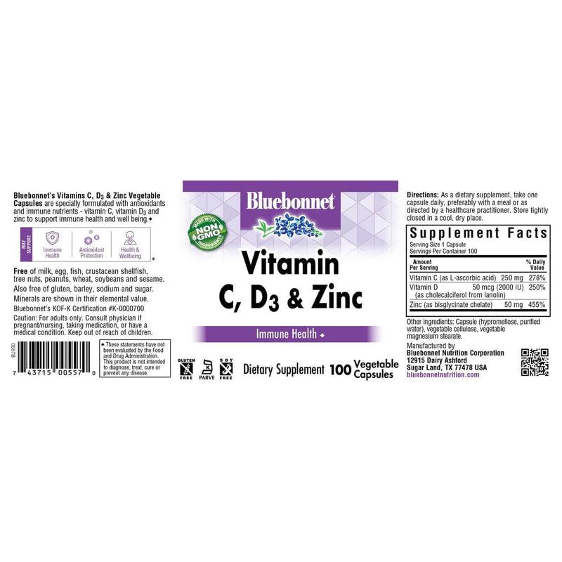 Bluebonnet Vitamin C, D3 & Zinc 100 Vegetable Capsules