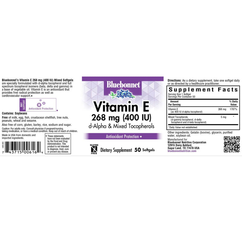 CLEARANCE! Bluebonnet Vitamin E 268 mg (400 IU) Mixed 50 Softgels, BEST BY 02/2026 - DailyVita
