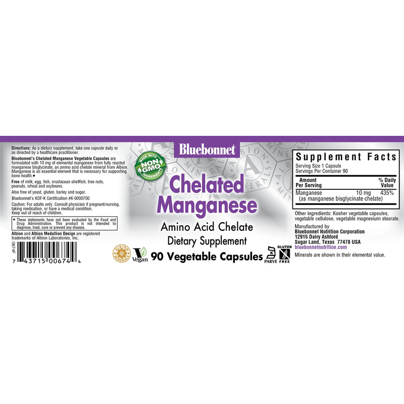 CLEARANCE! Bluebonnet Chelated Manganese 10 mg 90 Veg Capsules, BEST BY 11/2024