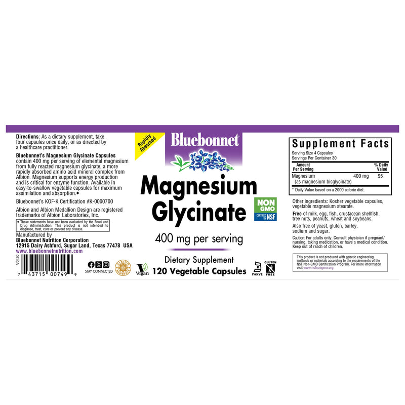 CLEARANCE! Bluebonnet Magnesium Glycinate 120 Veg Capsules, Stain or Minor Damage