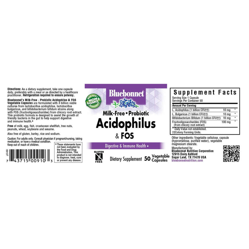 CLEARANCE! Bluebonnet Milk-Free Probiotic Acidophilus & Fos 50 Veg Capsules, BEST BY 12/2025 - DailyVita
