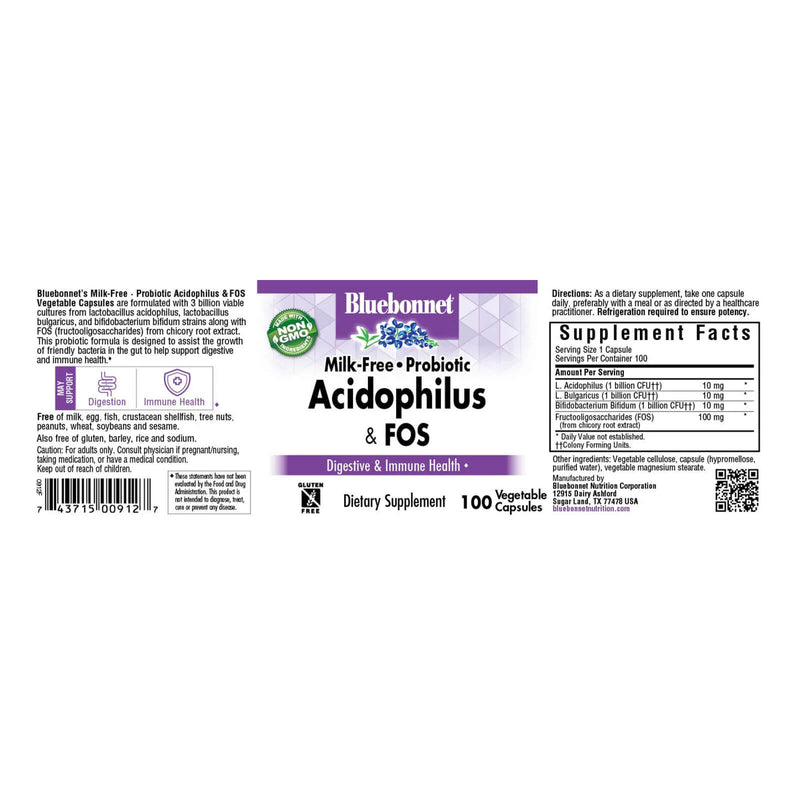 CLEARANCE! Bluebonnet Milk-Free Probiotic Acidophilus & Fos 100 Veg Capsules, BEST BY 12/2025 - DailyVita
