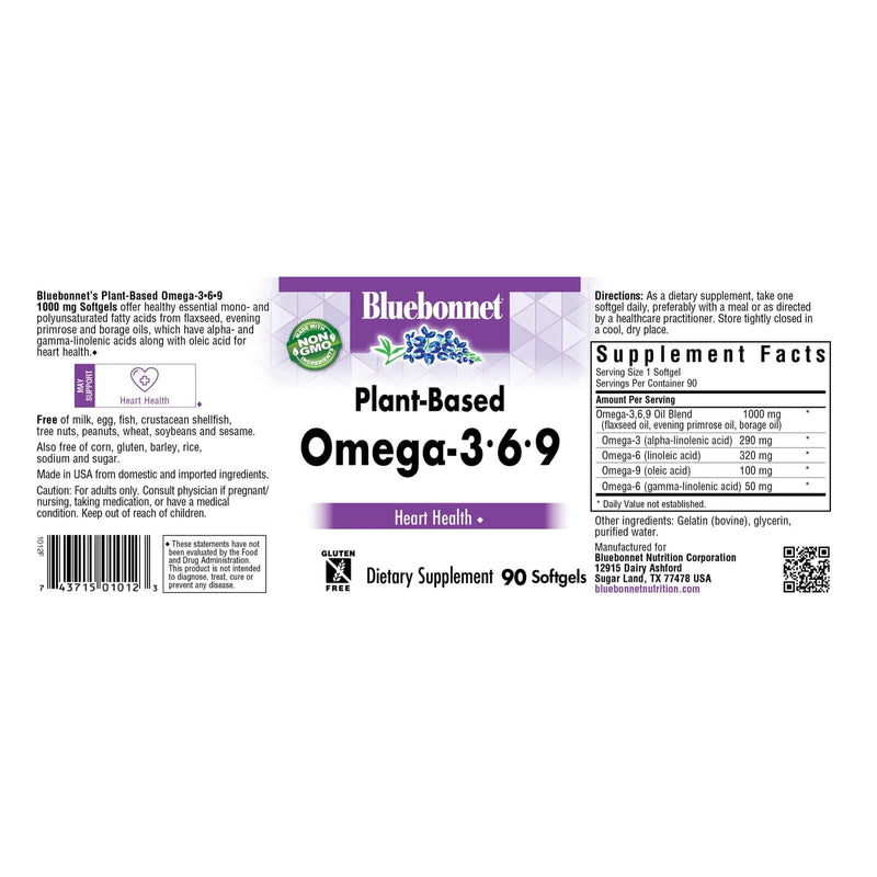 CLEARANCE! Bluebonnet Plant Based Omega 3-6-9 1000 mg 90 Softgels, BEST BY 11/2024