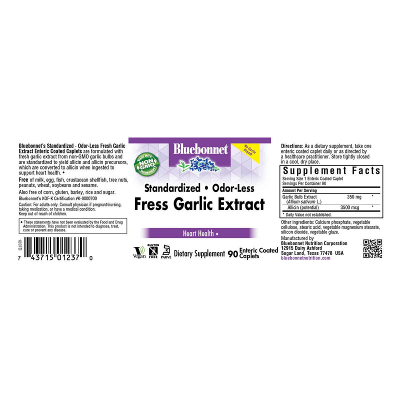 CLEARANCE! Bluebonnet Standardized Odor-Less Fresh Garlic Extract 90 Caplets, BEST BY 02/2026 - DailyVita