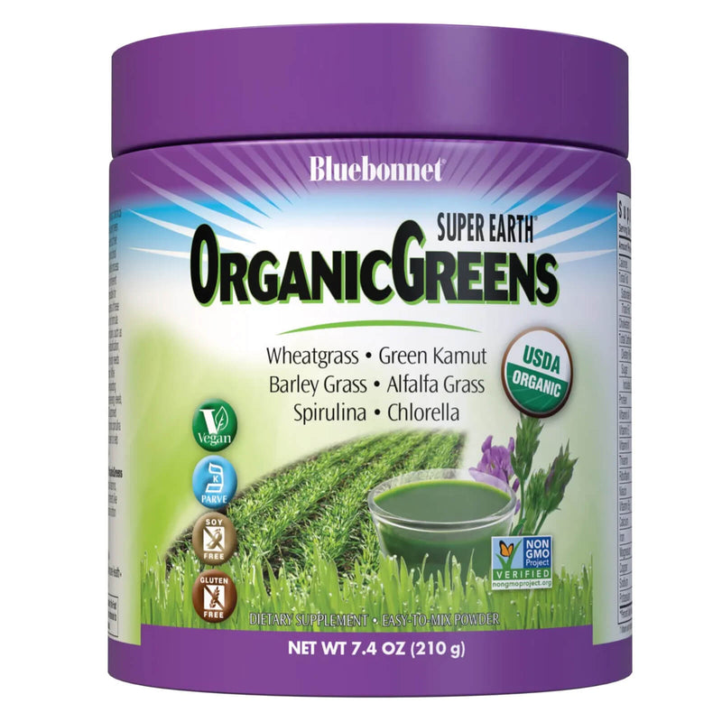 CLEARANCE! Bluebonnet Super Earth Organic Greens Powder 7.4 oz, BEST BY 03/2025