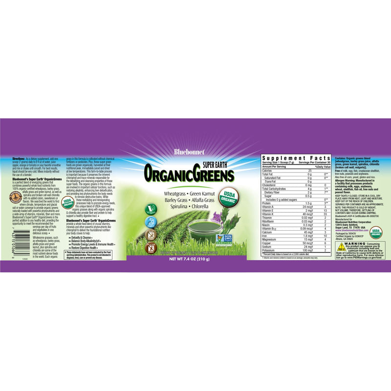 CLEARANCE! Bluebonnet Super Earth Organic Greens Powder 7.4 oz, BEST BY 03/2025