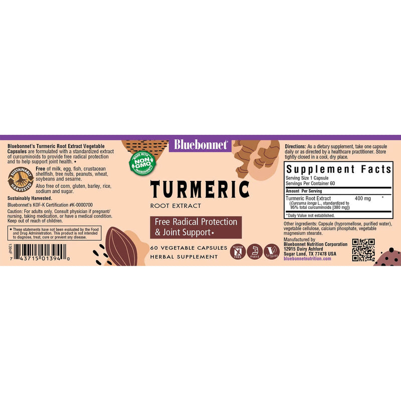 CLEARANCE! Bluebonnet Turmeric Root Extract 60 Veg Capsules, BEST BY 02/2025