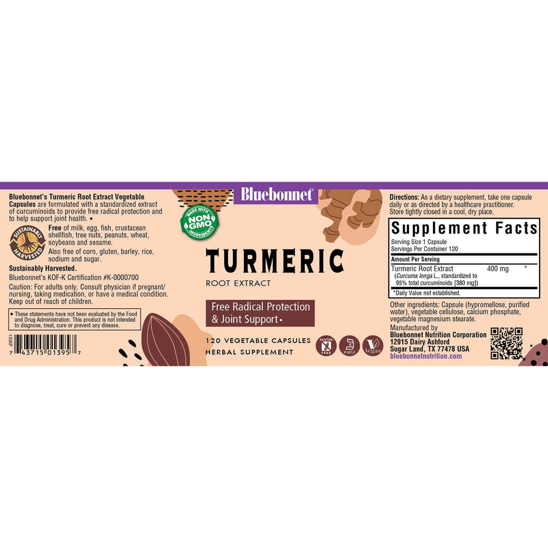 CLEARANCE! Bluebonnet Turmeric Root Extract 120 Veg Capsules, BEST BY 02/2025