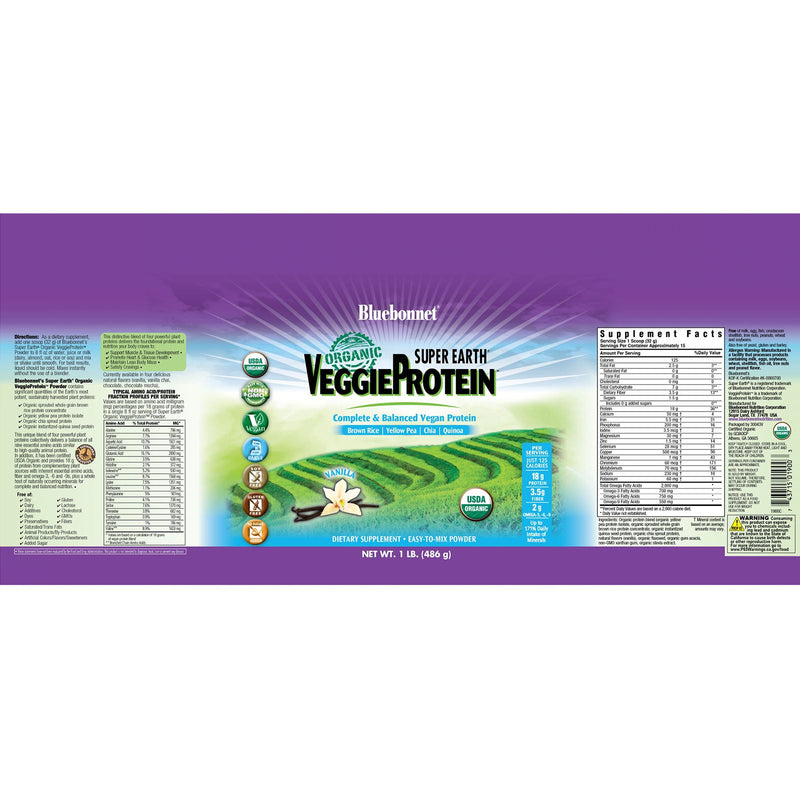 CLEARANCE! Bluebonnet Super Earth Organic Veggie Protein Powder Vanilla 1 lbs, BEST BY 07/2024 - DailyVita