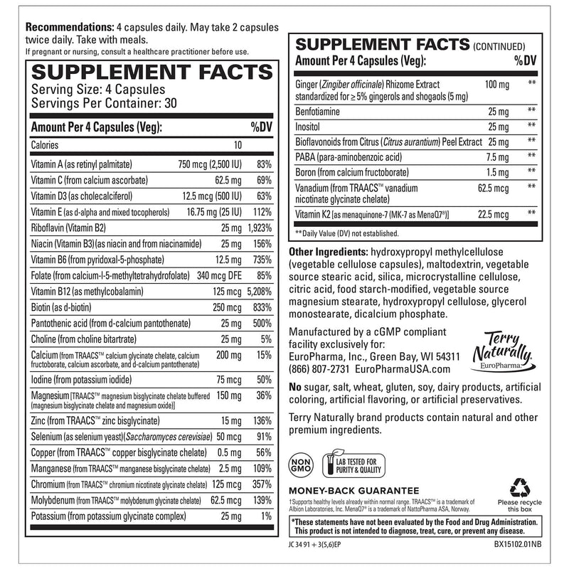 Terry Naturally Clinical Essentials Multi-Vitamin & Minerals - 30 Premium Nutrients 120 Caps - DailyVita