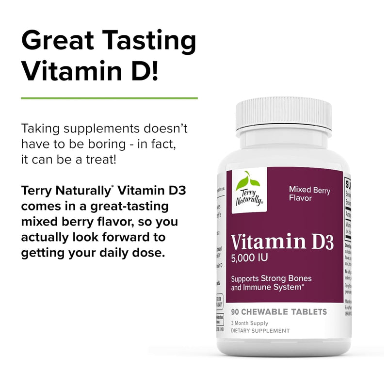 Terry Naturally Vitamin D3 Chewable - 5,000 IU Mixed Berry Flavor 90 Chew Tabs - DailyVita