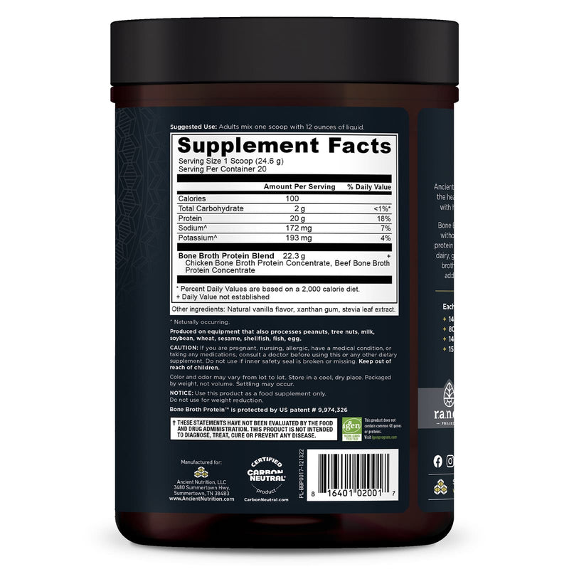 Ancient Nutrition, Bone Broth Protein, Vanilla, 20 Servings, 17.4 oz (492 g) - DailyVita