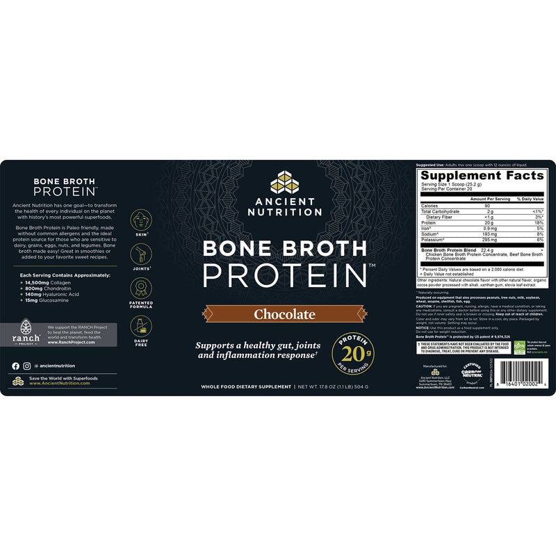 Ancient Nutrition, Bone Broth Protein, Chocolate, 20 Servings, 17.8 oz (504 g) - DailyVita