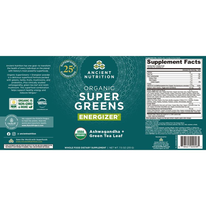 Ancient Nutrition, Organic Super Greens, Energizer, Powder, 25 Servings, 7.5 oz (213 g) - DailyVita