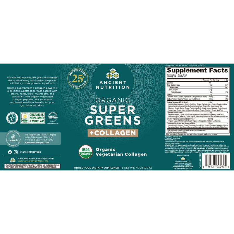 Ancient Nutrition, Organic Super Greens + Collagen, Powder, 25 Servings, 7.5 oz (213 g) - DailyVita