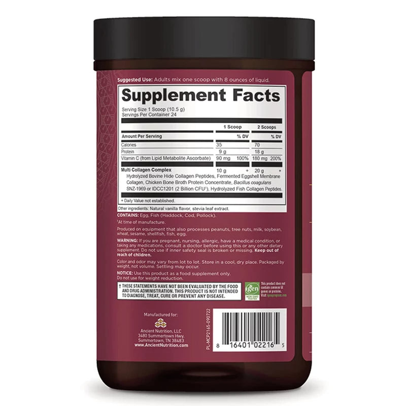 Ancient Nutrition, Multi Collagen, Protein, Vanilla, 24 Servings, 8.9 oz (252 g) - DailyVita