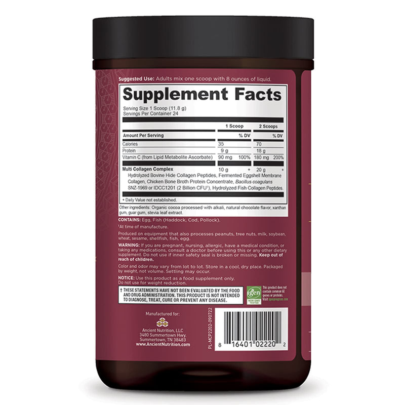 Ancient Nutrition, Multi Collagen, Protein, Chocolate, 24 Servings, 10 oz (283.2 g) - DailyVita