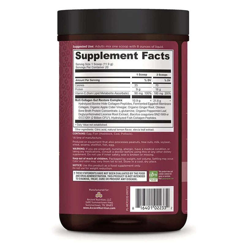 Ancient Nutrition, Multi Collagen, Protein, Gut Restore, Lemon Ginger, 20 Servings, 8.4 oz (238 g) - DailyVita