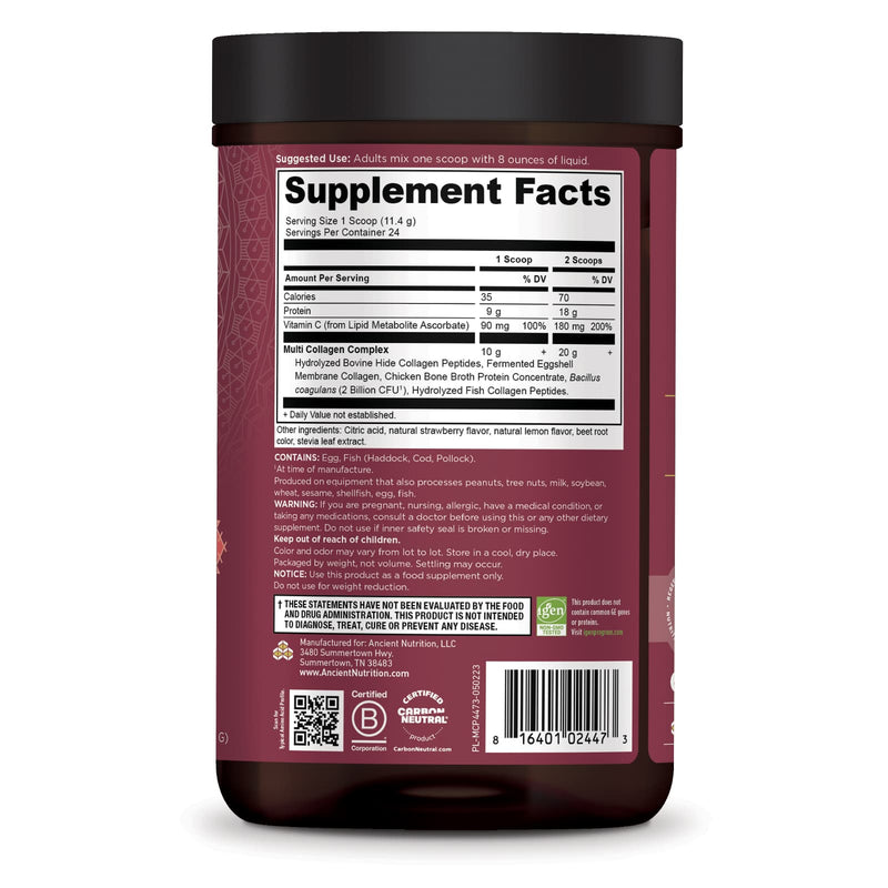 Ancient Nutrition, Multi Collagen, Protein, Strawberry Lemonade, 24 Servings, 9.7 oz (273.6 g) - DailyVita