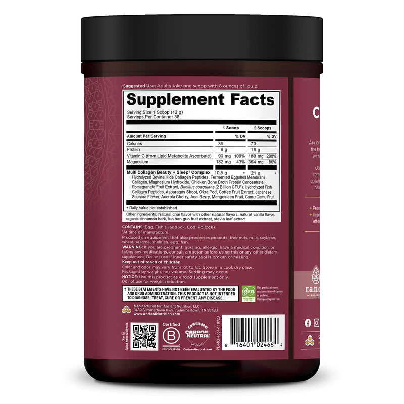 Ancient Nutrition, Multi Collagen, Protein, Beauty & Sleep Support- Vanilla Chai, 38 Servings, 16.06 oz (455.24 g) - DailyVita