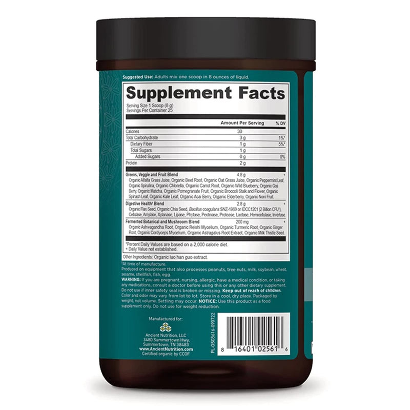 CLEARANCE! Ancient Nutrition, Organic Super Greens, 25 Servings, 7.05 oz (200 g), BEST BY 03/2026 - DailyVita