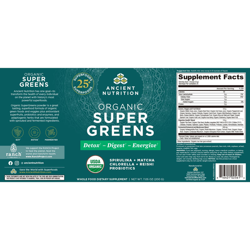 CLEARANCE! Ancient Nutrition, Organic Super Greens, 25 Servings, 7.05 oz (200 g), BEST BY 03/2026 - DailyVita