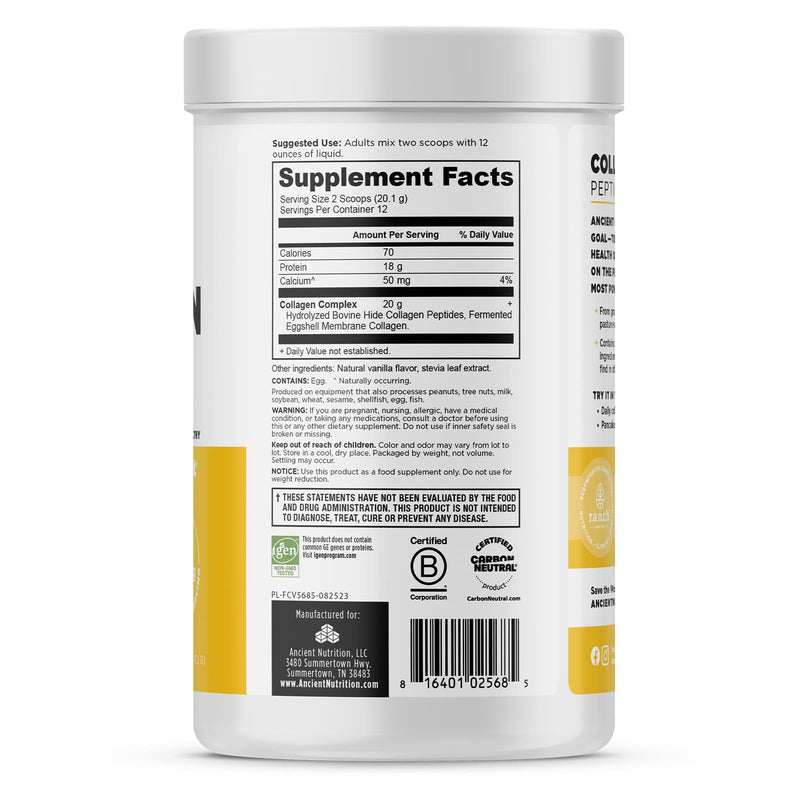 Ancient Nutrition, Collagen Peptides, Vanilla, 12 Servings, 8.51 oz (241.2 g) - DailyVita