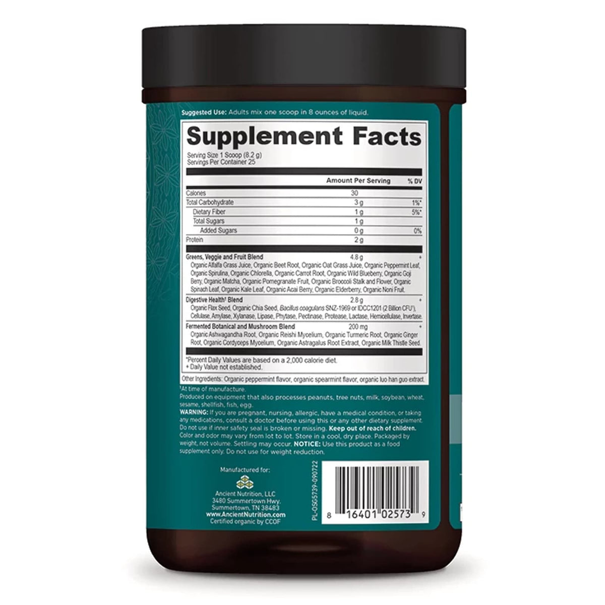 Ancient Nutrition, オーガニックスーパーグリーン、ミント、25