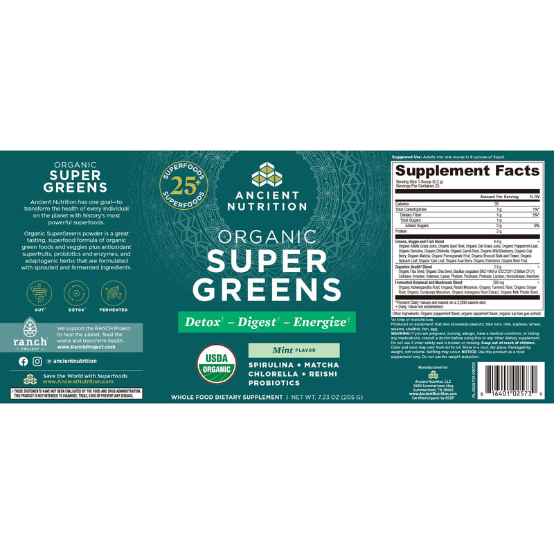 Ancient Nutrition, Organic Super Greens, Mint, 25 Servings, 7.23 oz (205.63 g) - DailyVita