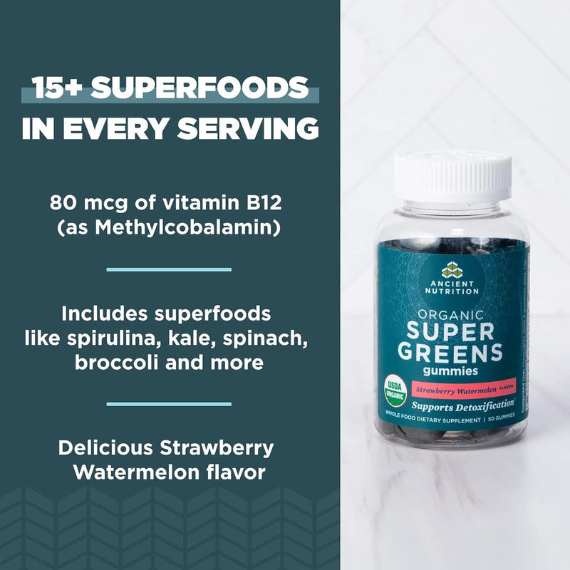 Ancient Nutrition, Organic Super Greens, Gummy, Strawberry Watermelon, 50ct - DailyVita