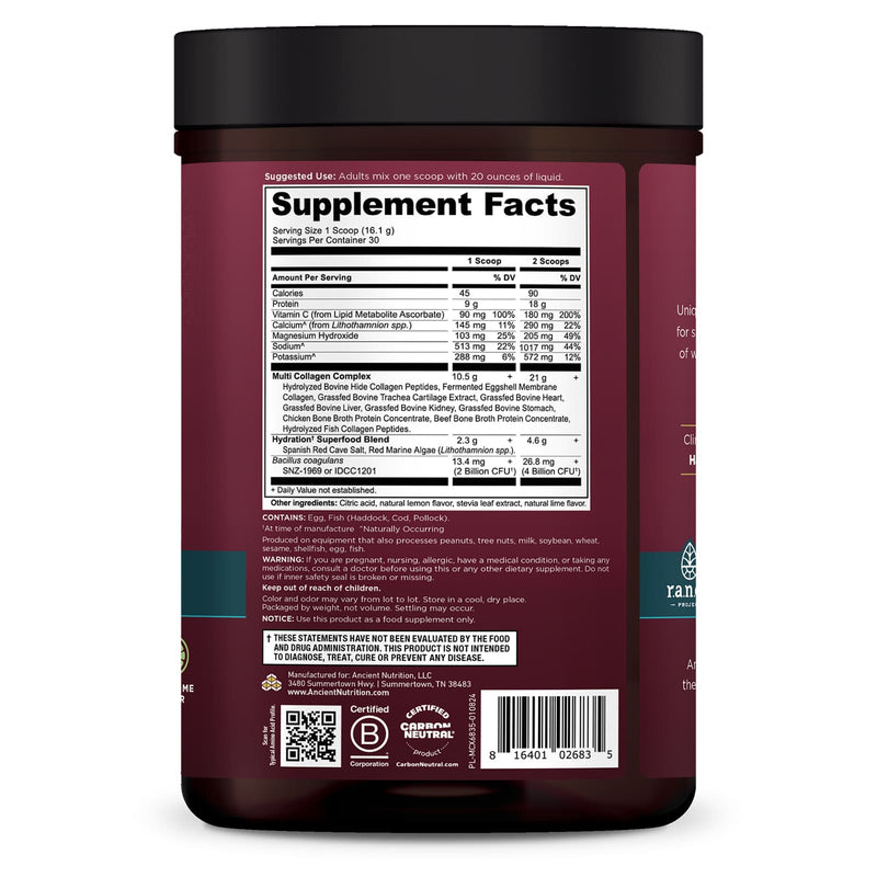 Ancient Nutrition, Multi Collagen Advanced, Powder, Hydrate, Lemon Lime 30 Servings, 17 oz (483 g) - DailyVita
