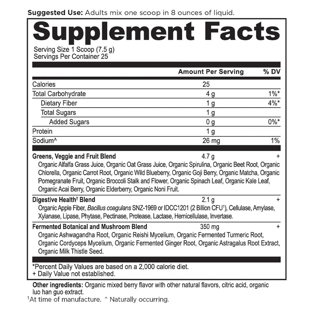 Ancient Nutrition Organic Super Greens Berry 25 Servings - 6.7 oz (189 g) - DailyVita