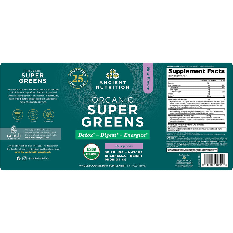 Ancient Nutrition Organic Super Greens Berry 25 Servings - 6.7 oz (189 g) - DailyVita