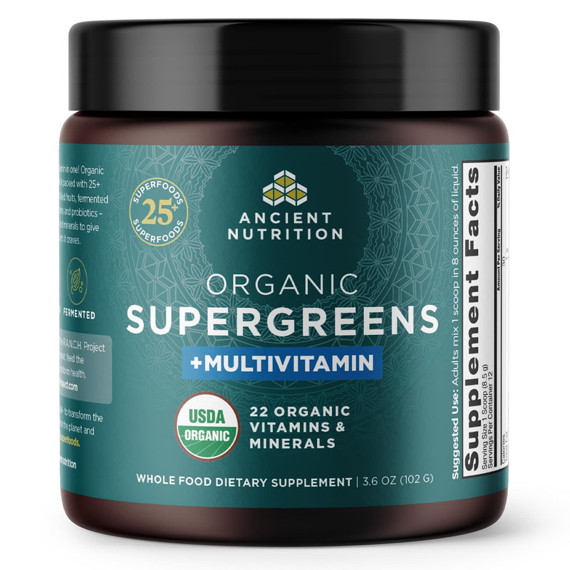 CLEARANCE! Ancient Nutrition Organic Super Greens + Multivitamins 12 Servings, 3.6 oz (102 g), BEST BY 03/2026 - DailyVita
